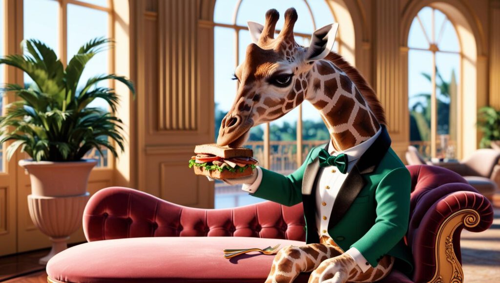 Elegante AI-giraf in chique pak die een sandwich eet op een bank.