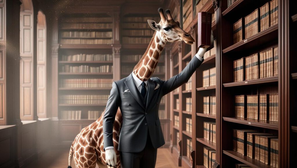 AI-gegenereerde afbeelding van een giraf in maatpak die een boek pakt in een klassieke bibliotheek.