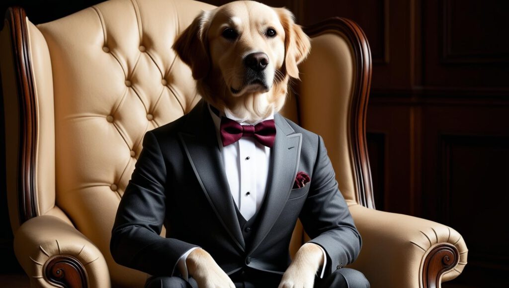 AI-hond in klassiek kostuum en vlinderdas zittend in een luxe fauteuil.