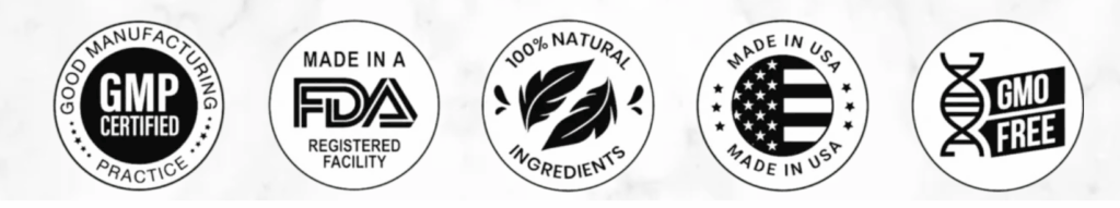 Sellos de calidad de Prime Perform: GMP Certified, instalación registrada por la FDA, ingredientes 100% naturales, Made in USA y GMO Free