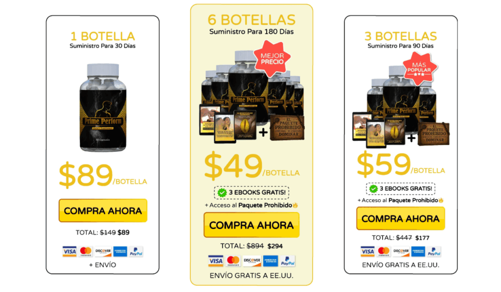 Tabla de precios Prime Perform: 1 botella $89, 3 botellas $59/botella (más popular), 6 botellas $49/botella (mejor precio), 3 eBooks gratis y envío gratis a EE. UU.